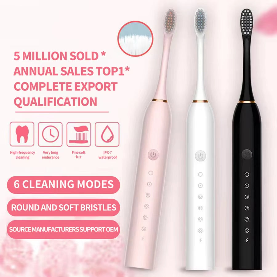 6 Modes Sonic Electric Toothbrushes for Adults Kids Smart Timer Rechargeable Whitening Toothbrush Waterproof 4 Brush Head