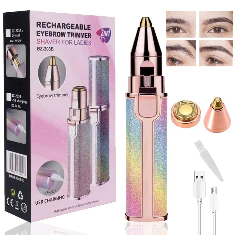 Portable 2-in-1 Electric Eyebrow Trimmer & Facial Shaver – Multi-Color with USB Charging